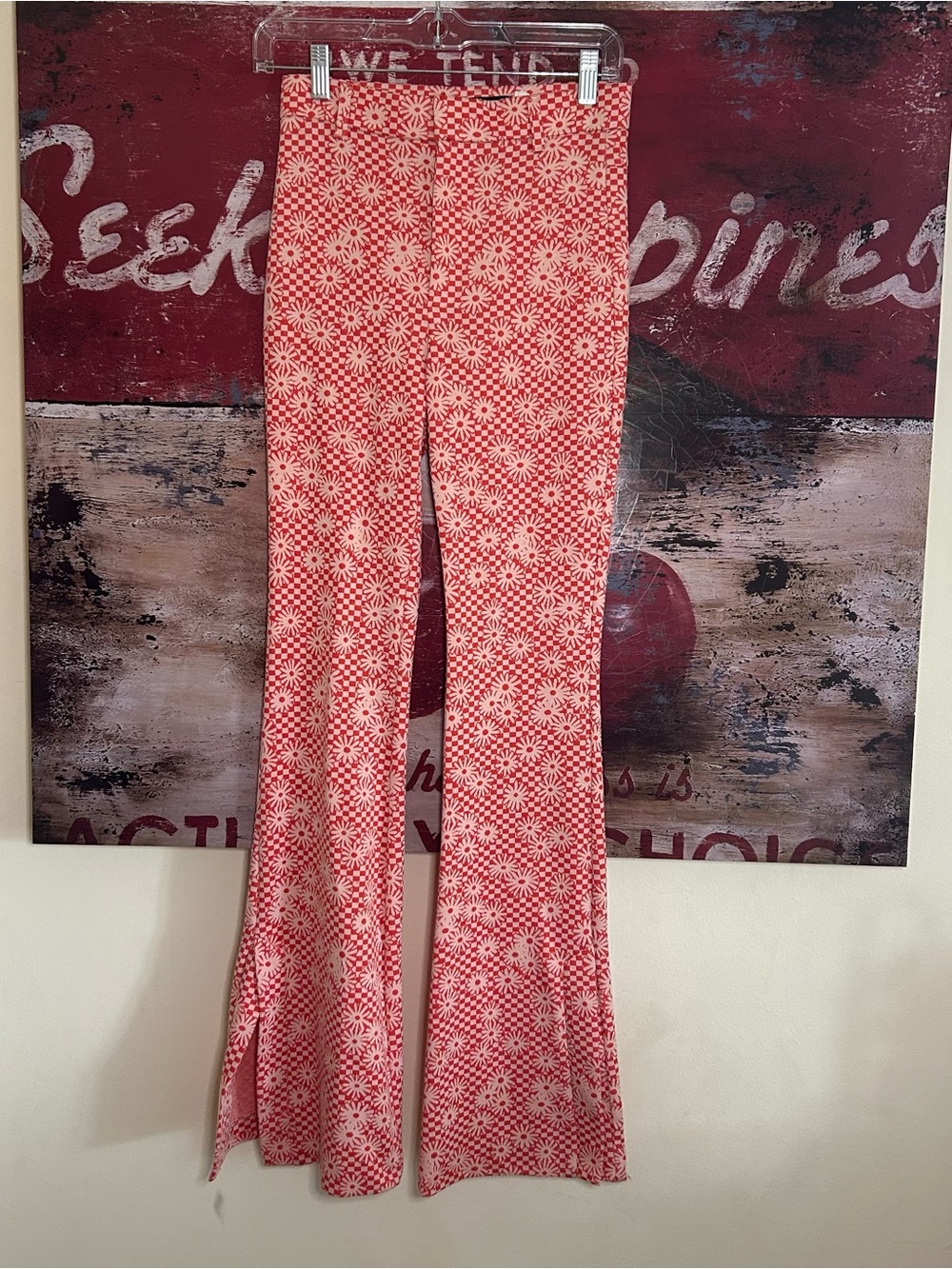 Red Daisy Print Flare Pants